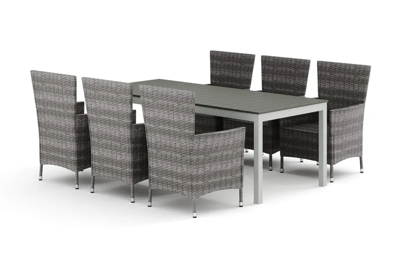 Tunis utomhus matgrupp förlängningsbart 205/305x90 cm med 6 Thor utefåtöljer - Vit/Grå — Comfort Garden