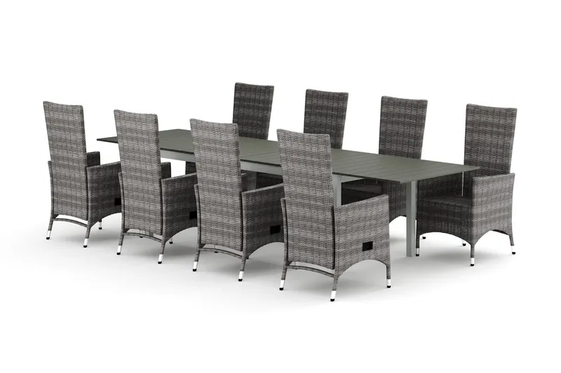 Tunis utomhus matgrupp förlängningsbart 205/305x90 cm med 8 Jenny matstolar - Vit/Grå — Comfort Garden
