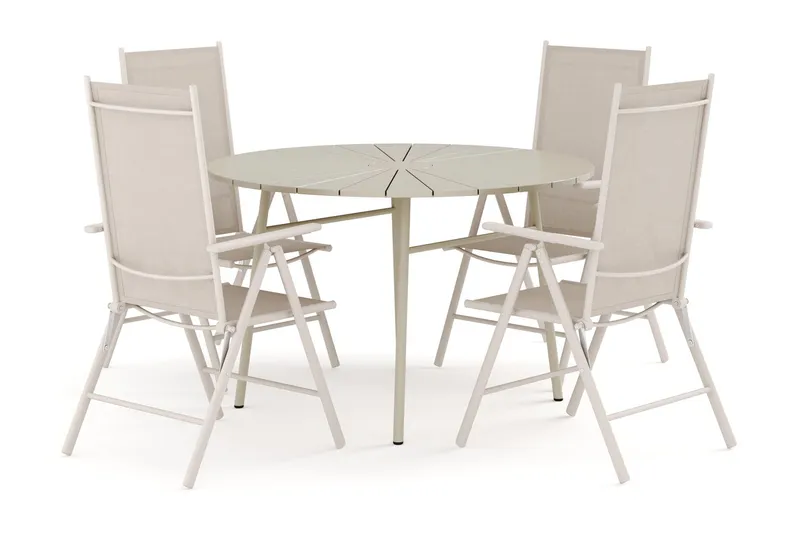 Tunis utomhus rund matgrupp 120 cm med 4 Maggie positionsstolar - Beige/Beige — Comfort Garden