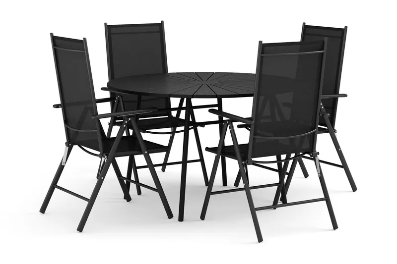 Tunis utomhus rund matgrupp 120 cm med 4 Maggie positionsstolar - Svart/Svart — Comfort Garden