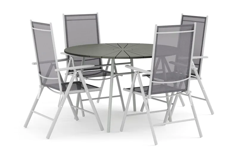 Tunis utomhus rund matgrupp 120 cm med 4 Maggie positionsstolar - Vit/Grå — Comfort Garden