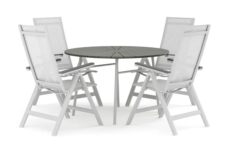 Tunis utomhus rund matgrupp 120 cm med 4 Monaco Light positionsstolar - Vit/Grå — Comfort Garden