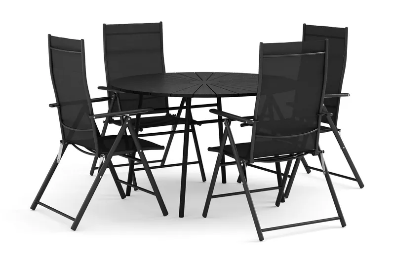 Tunis utomhus rund matgrupp 120 cm med 4 positionsstolar - Svart/Svart — Comfort Garden