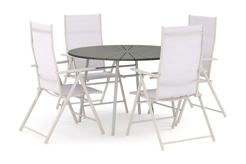 Tunis utomhus rund matgrupp 120 cm med 4 positionsstolar - Vit/Grå — Comfort Garden