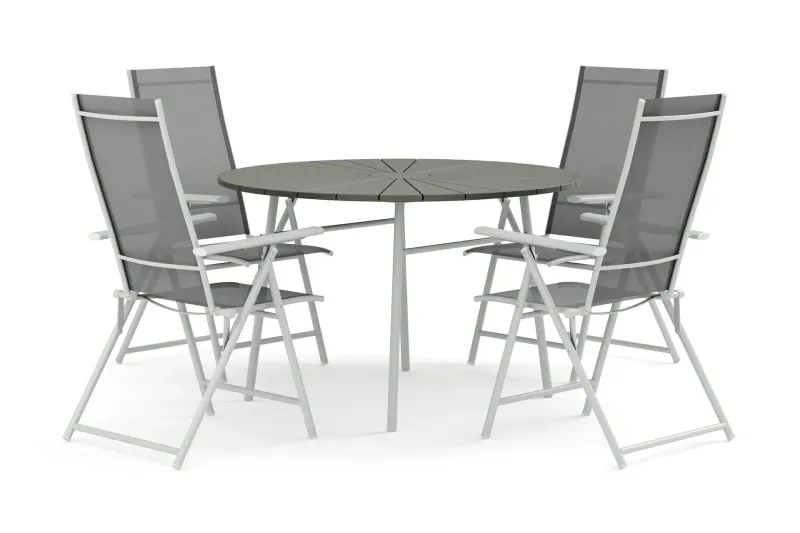 Tunis utomhus rund matgrupp 120 cm med 4 Sanna positionsstolar - Vit/Grå — Comfort Garden