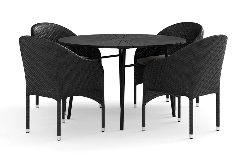 Tunis utomhus rund matgrupp 120 cm med 4 Thor fåtöljer - Svart/Svart — Comfort Garden
