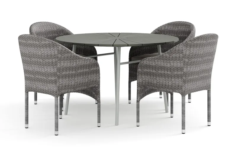 Tunis utomhus rund matgrupp 120 cm med 4 Thor fåtöljer - Vit/Grå — Comfort Garden