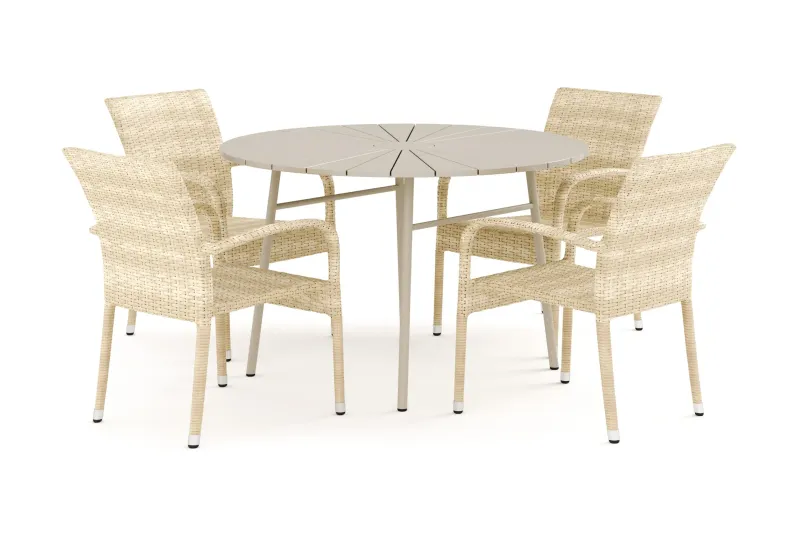 Tunis utomhus rund matgrupp 120 cm med 4 Thor Light utefåtöljer - Beige/Beige — Comfort Garden