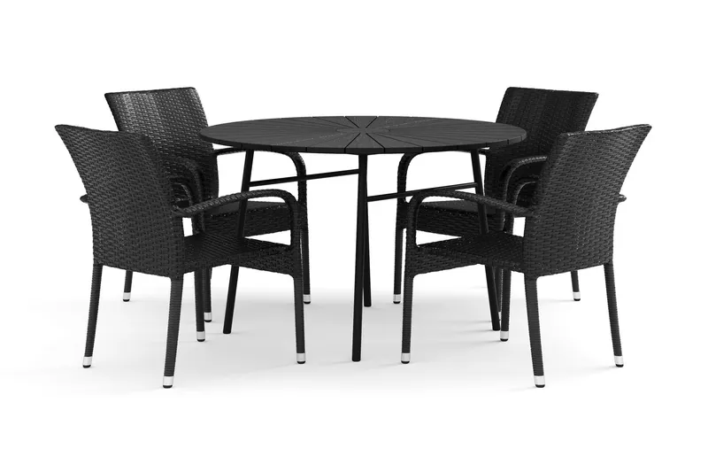 Tunis utomhus rund matgrupp 120 cm med 4 Thor Light utefåtöljer - Svart/Svart — Comfort Garden