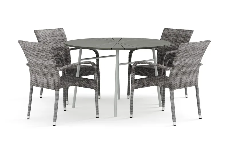 Tunis utomhus rund matgrupp 120 cm med 4 Thor Light utefåtöljer - Vit/Grå — Comfort Garden