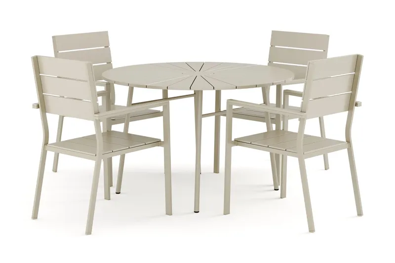 Tunis utomhus rund matgrupp 120 cm med 4 Tunis stapelstolar - Beige/Beige — Comfort Garden