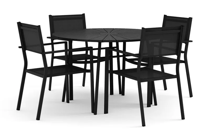 Tunis utomhus rund matgrupp 120 cm med 4 Tunis stapelstolar - Svart/Svart (Art.nr 3118206) — Comfort Garden