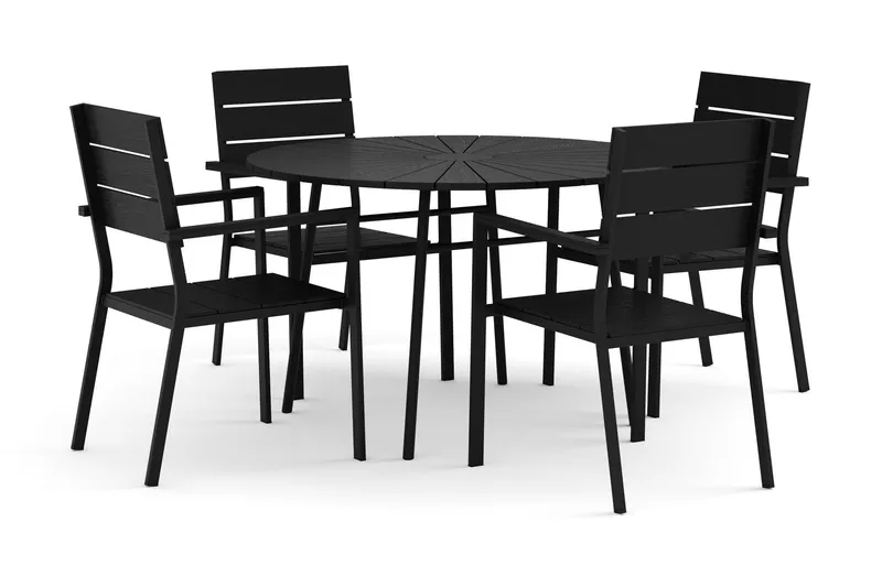 Tunis utomhus rund matgrupp 120 cm med 4 Tunis stapelstolar - Svart/Svart (Art.nr 3117351) — Comfort Garden