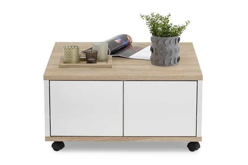 Twin Soffbord 70 cm med Förvaring Lådor på Hjul - Vit/Ljus Ekfärg — Scandinavian Choice