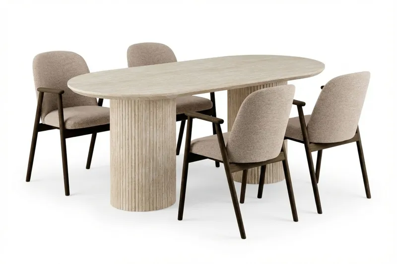Uppveda Matgrupp 180 cm Oval Travertin med 4 Reciclar Matstolar - Travertin/Greige — Andrarum