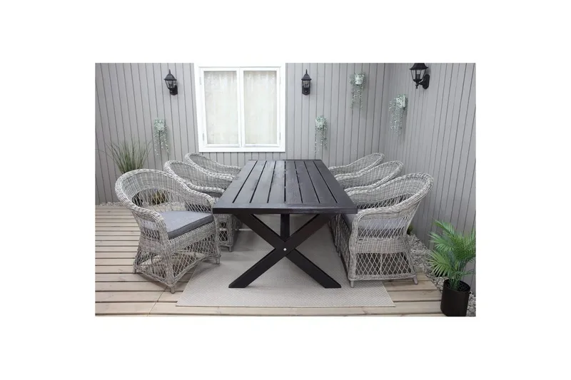 Utomhusmöbelgrupp 220 cm bord & 6 Merida grå stolar Svart - Svart — Svart