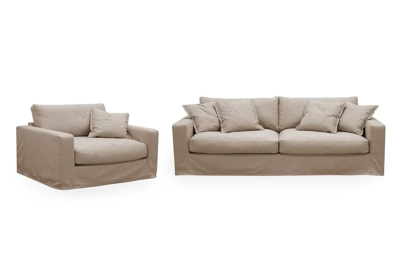 Valencia Extra Djup 3-sits soffa + fåtölj med avtagbar och tvättbar klädsel - Ljusbrun — Scandinavian Choice