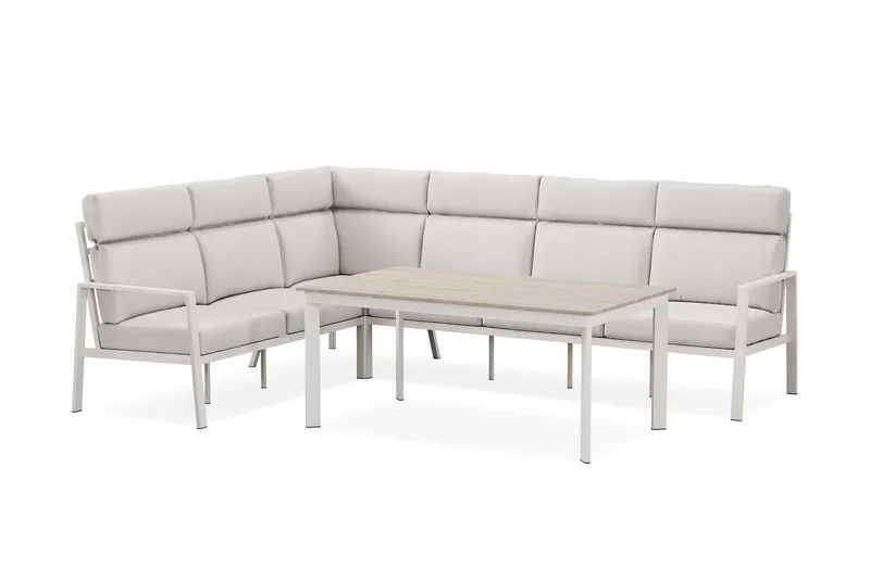 Ariany Lyx l-formad 6-sits hörnsoffa utomhus med hög rygg med beiga dynor och bord i aluminium - Beige — deNoord
