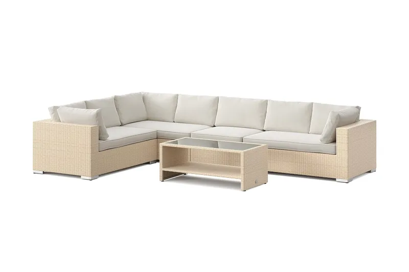 Bahamas L-formad utesoffa höger, 7-sits med bord och hylla - Beige — Comfort Garden