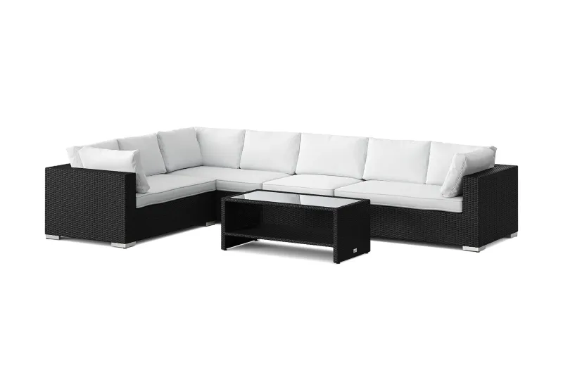 Bahamas L-formad utesoffa höger, 7-sits med bord och hylla - Svart — Comfort Garden