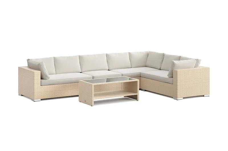 Bahamas L-formad utesoffa vänster, 7-sits med bord och hylla - Beige — Comfort Garden