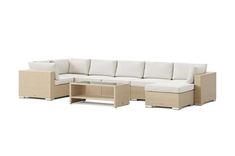 Bahamas U-formad utomhus loungegrupp 7-sits med vändbar divan och bord med hylla - Beige — Comfort Garden