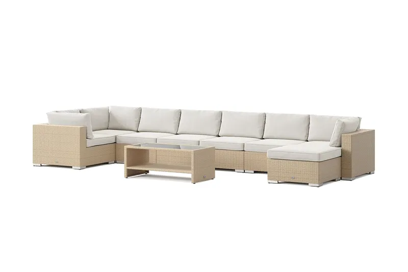Bahamas U-formad utomhus loungegrupp 8-sits med vändbar divan och bord med hylla - Beige — Comfort Garden
