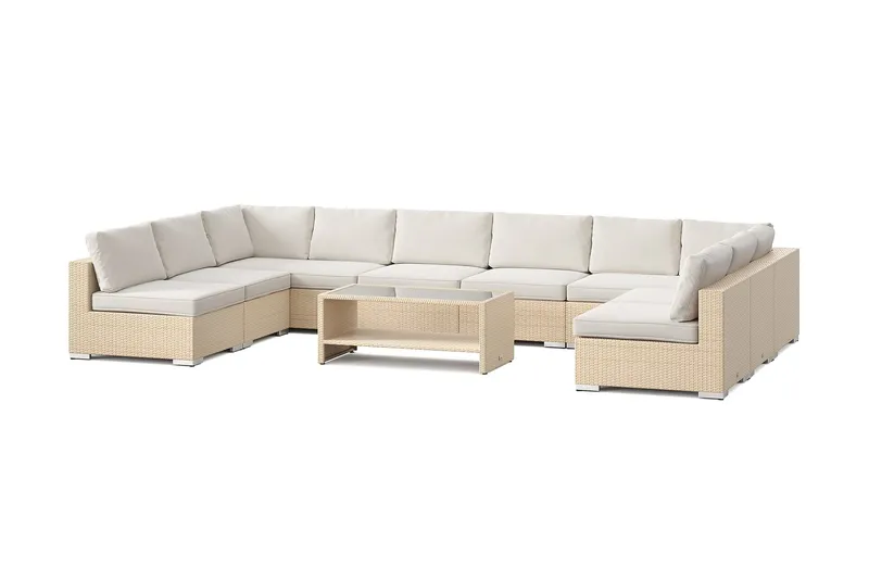 Bahamas U-formad utomhus loungegrupp med öppet avslut, 9-sits med bord och hylla - Beige — Comfort Garden