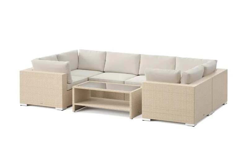 Bahamas U-formad utomhus loungegrupp med stängt avslut, 6-sits med bord och hylla - Beige — Comfort Garden