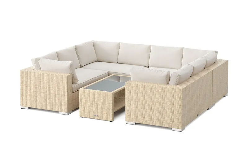 Bahamas U-formad utomhus loungegrupp med stängt avslut, 8-sits med bord och hylla - Beige — Comfort Garden