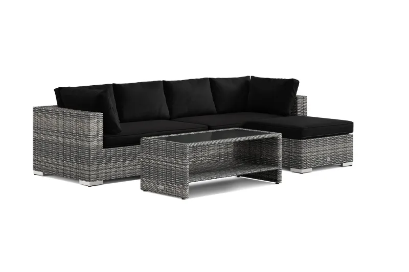 Bahamas utomhus divansoffa 5-sits med vändbar divan och bord med hylla - Grå — Comfort Garden