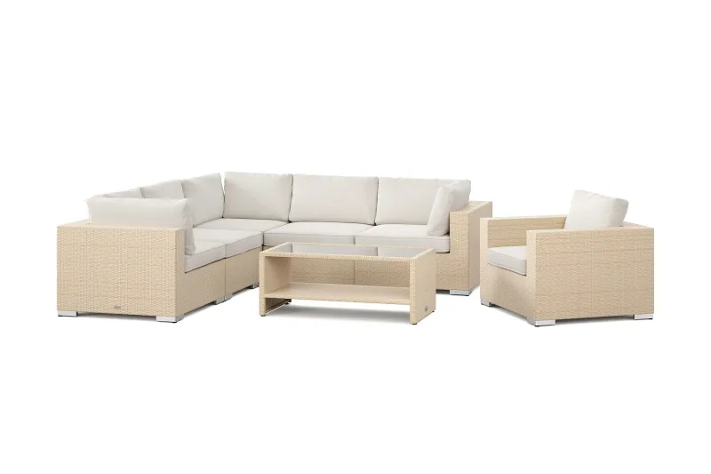 Bahamas utomhus hörnsoffa 6-sits vändbar med fåtölj och bord med hylla - Beige — Comfort Garden