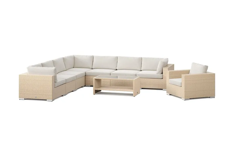 Bahamas utomhus hörnsoffa 8-sits vändbar med fåtölj och bord med hylla - Beige — Comfort Garden