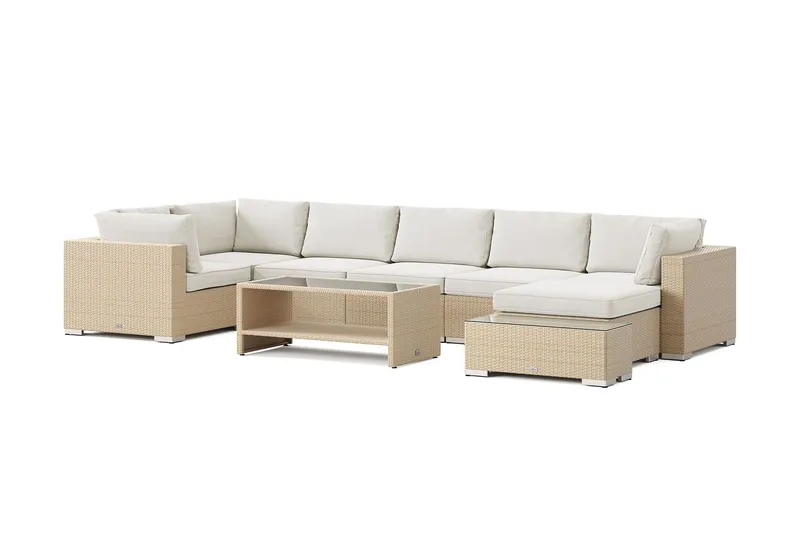 Bahamas utomhus U-soffa 7-sits vändbar divan med öppet avslut och bord med hylla - Beige — Comfort Garden