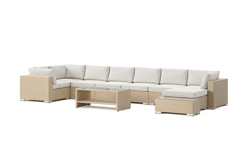 Bahamas utomhus U-soffa 8-sits vändbar divan med öppet avslut och bord med hylla - Beige — Comfort Garden