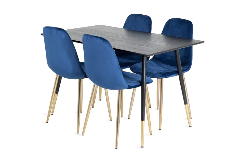 Balisa Matgrupp 120 cm inkl 4 Valeri Sammetsstolar - Svart/Blå/Mässing — Venture Home