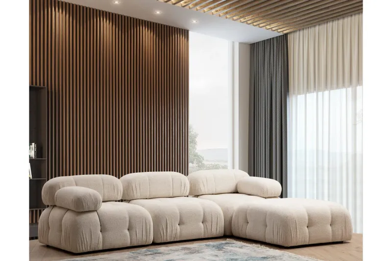 Belgin Bubblig Divansoffa 3-sits 288 cm med fasta armstöd och repdetaljer - Ljus / Beige — Andrarum
