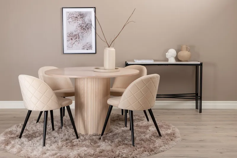 Biana Matgrupp 100 cm Rund inkl 4 Velvets Stolar - Beige/Svart — Venture Home