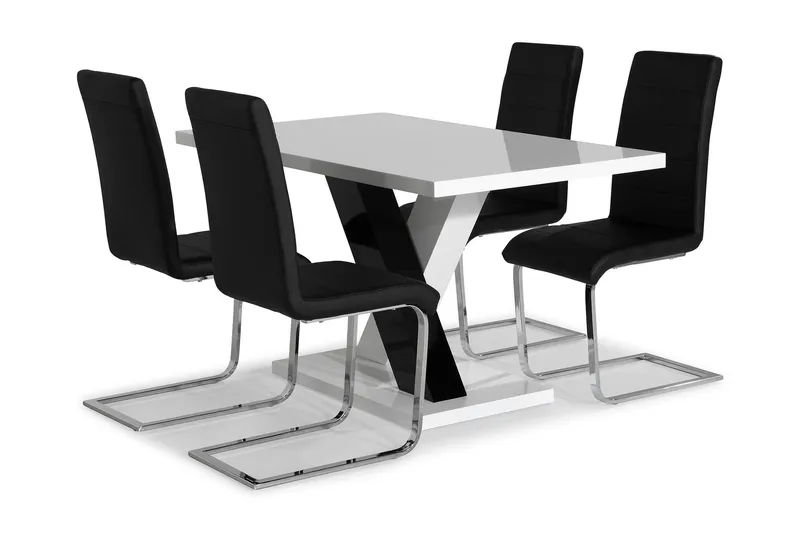 Cesi Matgrupp 140 cm med 4 Cibus Stol - Vit/Svart/Svart PU/Krom — Scandinavian Choice