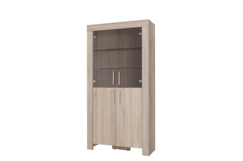 Cezar Vitrinskåp Vit LED Belysning 43 cm djup 100 cm bred 201 cm hög Ljust Trä Ek Glas - Beige/Grå — Beige/Grå