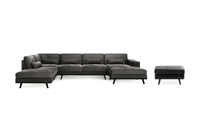 Copenhagen 5-sits Vänstervänd U-formad Soffa med Divan och Schäslong + Fotpall i Sammet - Mörkgrå — Scandinavian Choice