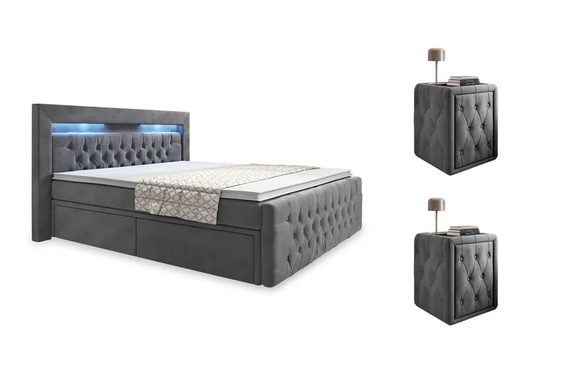 Franco Komplett Sängpaket med förvaring LED-belysning 180x200 cm + 2st Franco Sängbord - Grå|Sammet — Cloud47