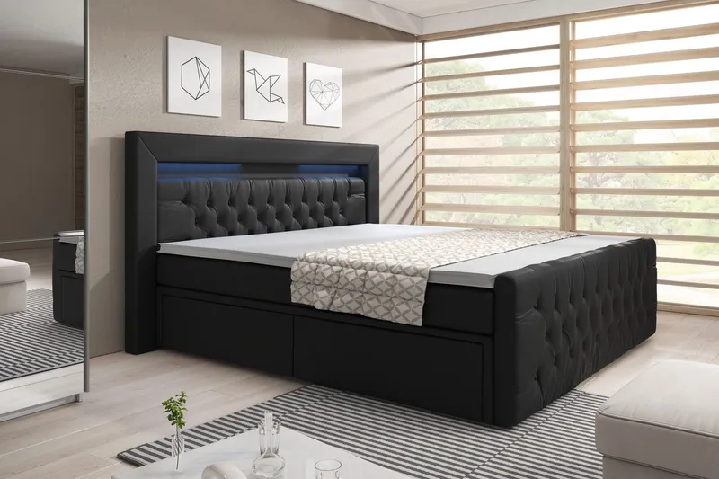 Franco Komplett Sängpaket med förvaring LED-belysning 180x200 cm - Pu Konstläder Svart — Cloud47