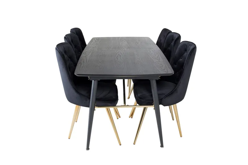 Gold Matgrupp Förlängningsbar 180-220 cm Rektangulär med 6 Velvet Deluxe stolar - Svart/Guld (Art.nr 3058927) — Venture Home
