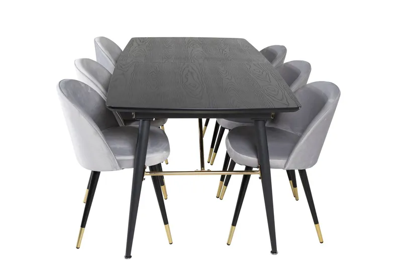 Gold Matgrupp Förlängningsbar 180-220 cm Rektangulär med 6 Velvet stolar - Svart/Guld (Art.nr 3058777) — Venture Home
