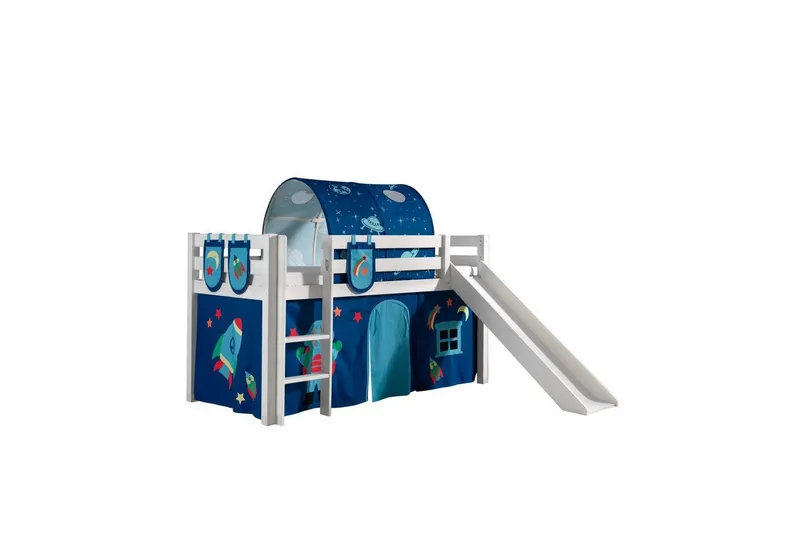 Halvhöjdssäng med gardin Pino Astro Vit, Vit, Med rutschkana, Med tunnel, 3 - Vit, Vit, Med rutschkana, Med tunnel, 3 — Vit, Vit, Med rutschkana, Med tunnel, 3