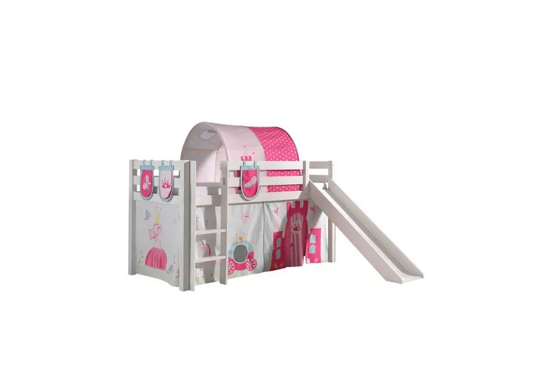 Halvhöjdssäng med gardin Pino Princess Vit, Vit, Med rutschkana, Prinsessa, 3 - Vit, Vit, Med rutschkana, Prinsessa, 3 — Vit, Vit, Med rutschkana, Prinsessa, 3