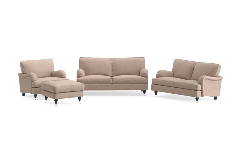 Howard Classic Soffgrupp 2-sits + Liten 2-sits Soffa + Fåtölj + Fotpall i Tyg - Mörkbeige — Bloomington