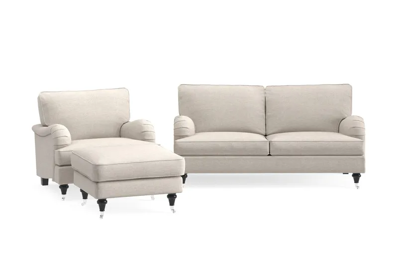 Howard Classic Soffgrupp 2-sits Soffa + Fåtölj + Fotpall i Tyg - Beige — Bloomington