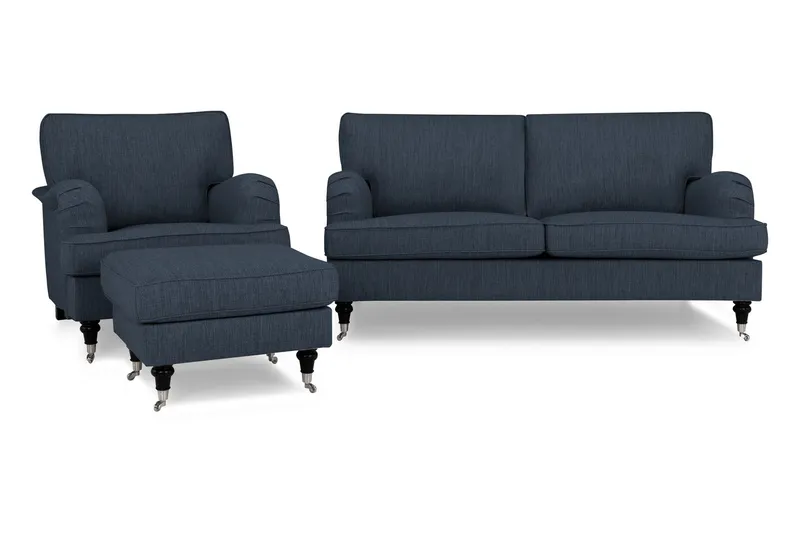 Howard Classic Soffgrupp 2-sits Soffa + Fåtölj + Fotpall i Tyg - Blå — Bloomington